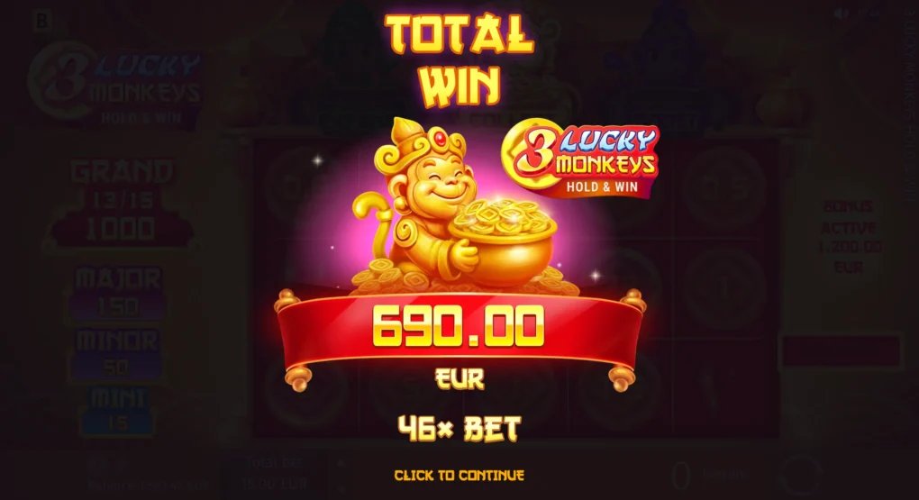 3 Lucky Monkeys Hold & Win - captura oficial del bono Hold & Win
