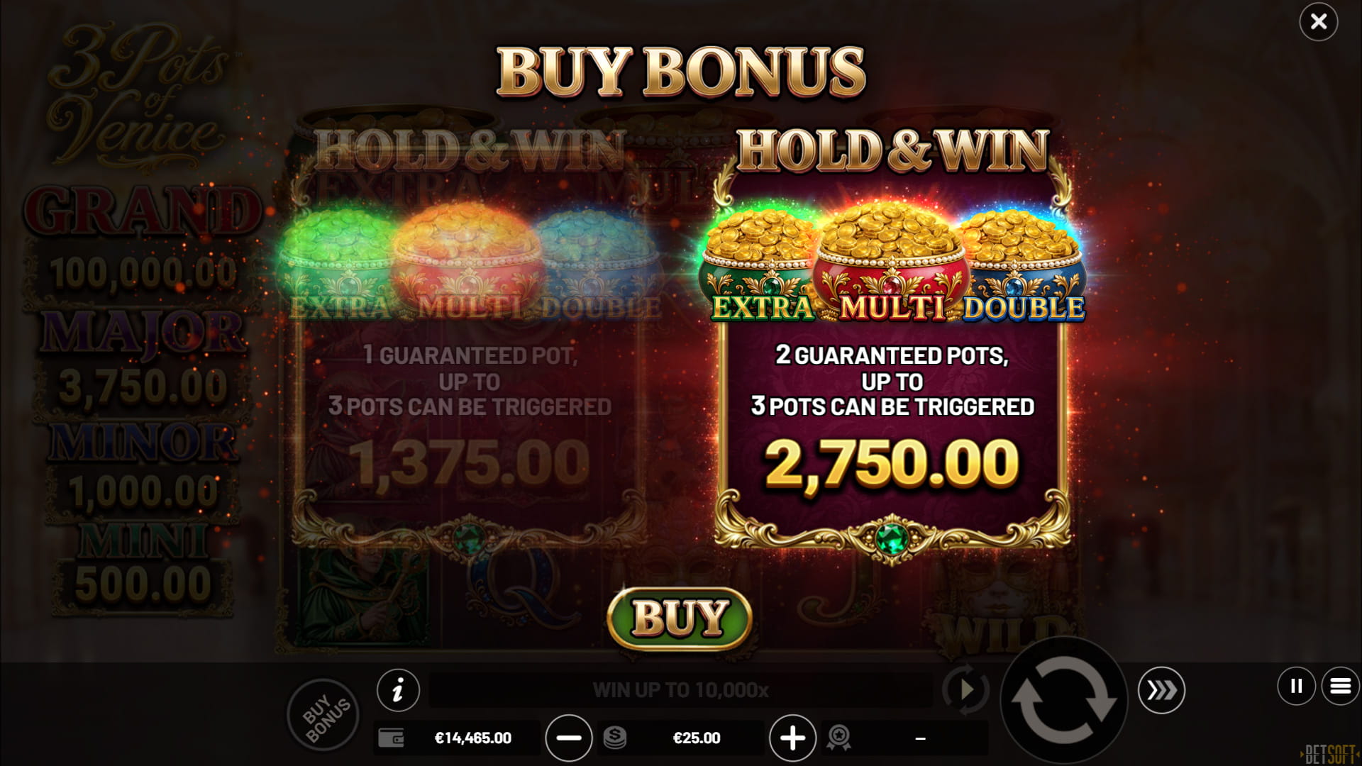 Opciones de Buy Bonus en 3 Pots of Venice - captura oficial del juego