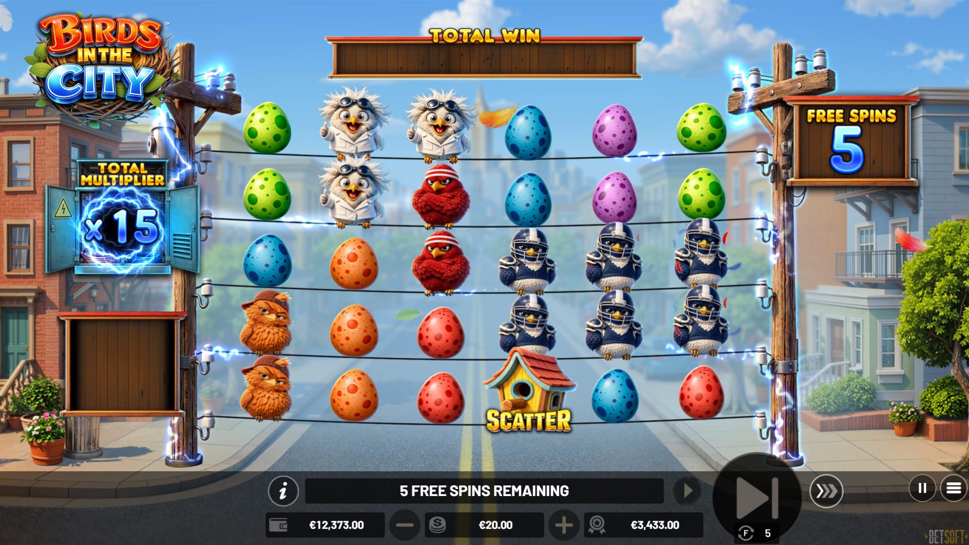 Giros grátis com multiplicador total crescente no Birds in The City - captura oficial do jogo