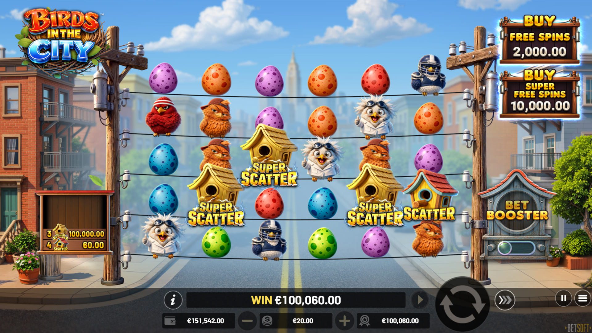 Super Scatter com prêmio instantâneo no Birds in The City - captura oficial do jogo